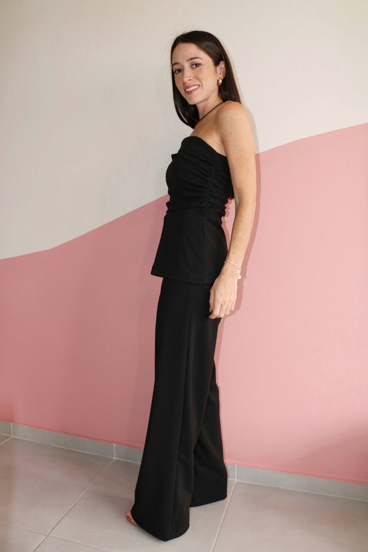 Blusa sem alças drapeada crepe Margot Turmalina Negra