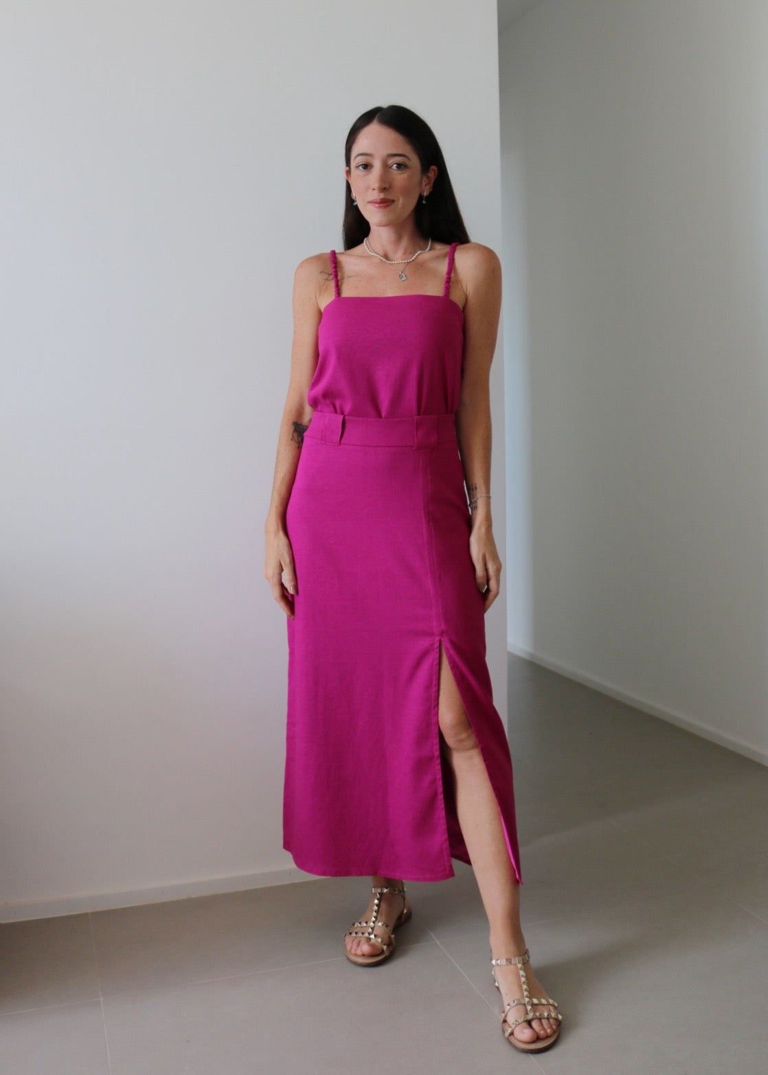 Saia Midi Leona Viscolinho Rosa Orquídea