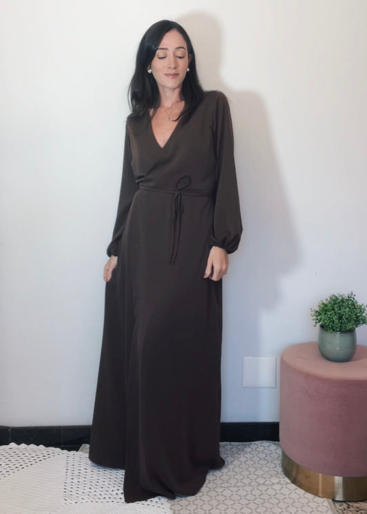 Vestido Transpassado Longo Cláudia Marrom