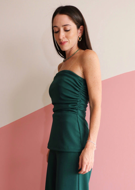 Blusa sem alças drapeada crepe Margot Verde Esmeralda