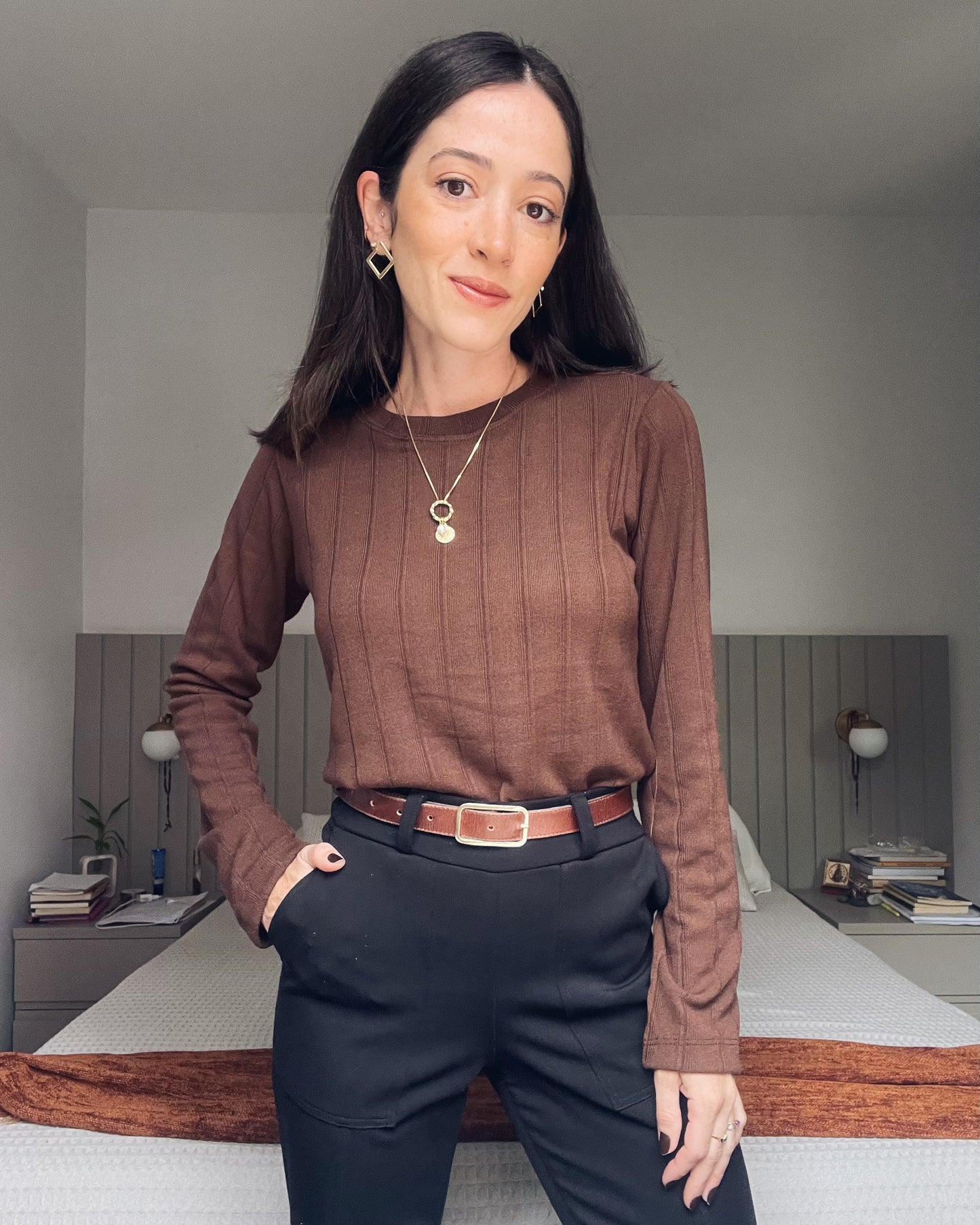 Blusa Mangas Longas Vintage Marrom