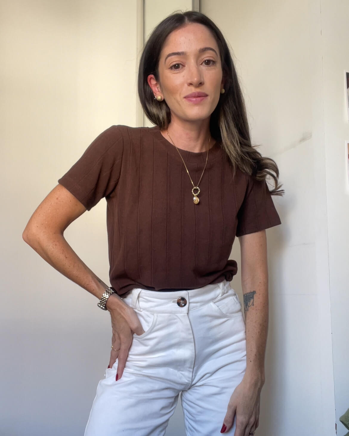 Blusa Manga Curta Tricot Skin Vintage Marrom