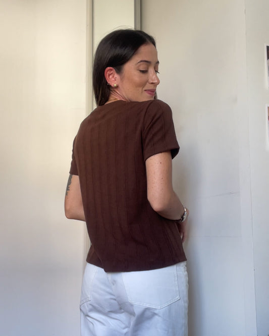 Blusa Manga Curta Tricot Skin Vintage Marrom