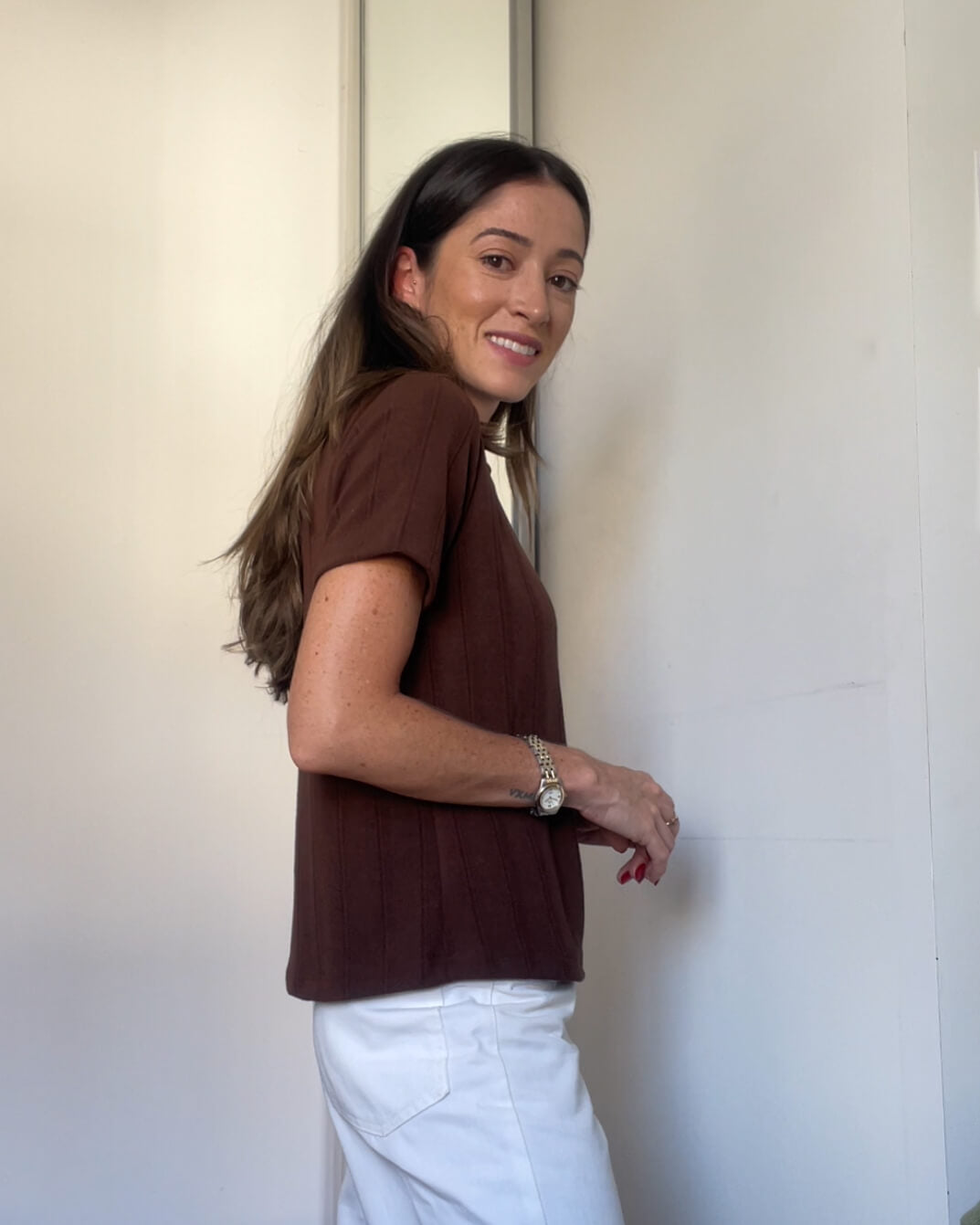 Blusa Manga Curta Tricot Skin Vintage Marrom