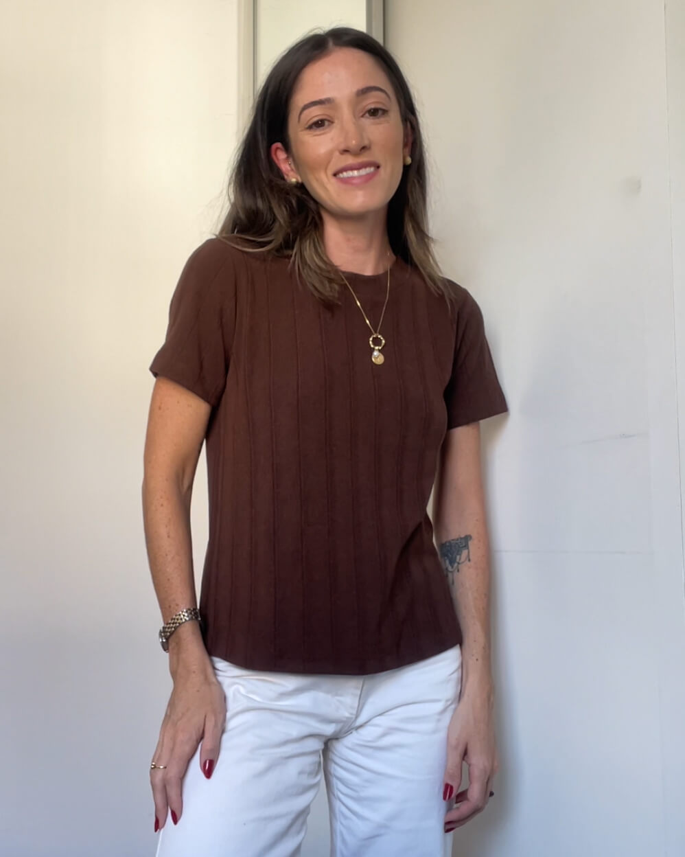 Blusa Manga Curta Tricot Skin Vintage Marrom