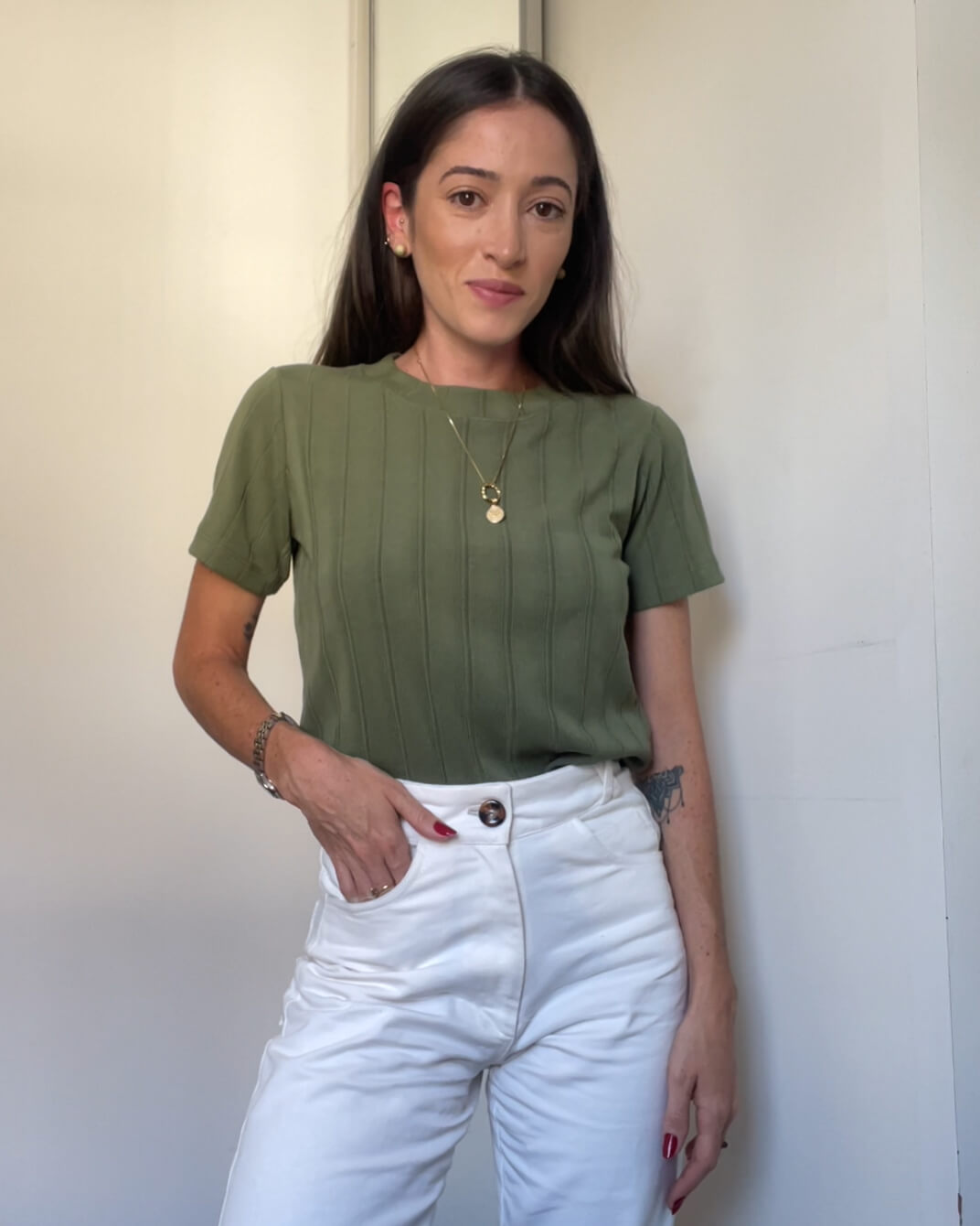 Blusa Manga Curta Tricot Skin Vintage Oliva