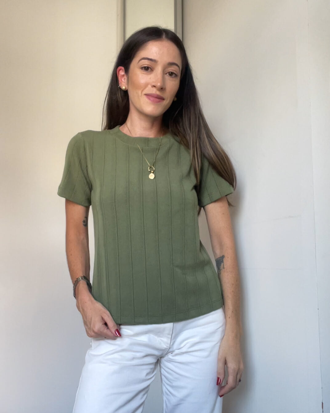 Blusa Manga Curta Tricot Skin Vintage Oliva