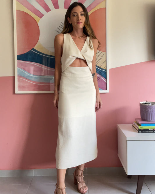 Vestido Midi Decote Torcido Fabi Champagne