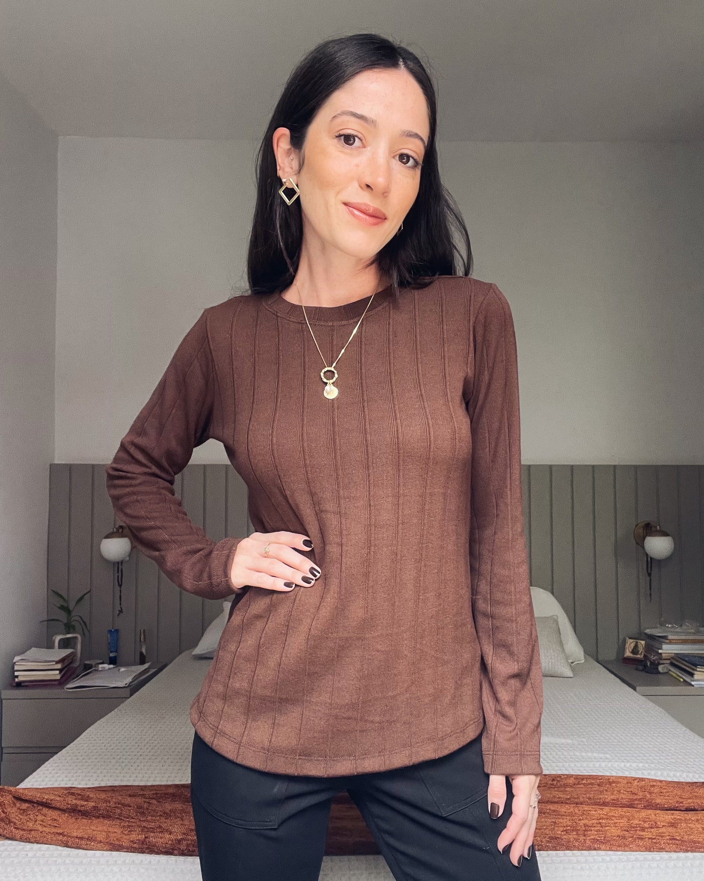 Blusa Mangas Longas Vintage Marrom
