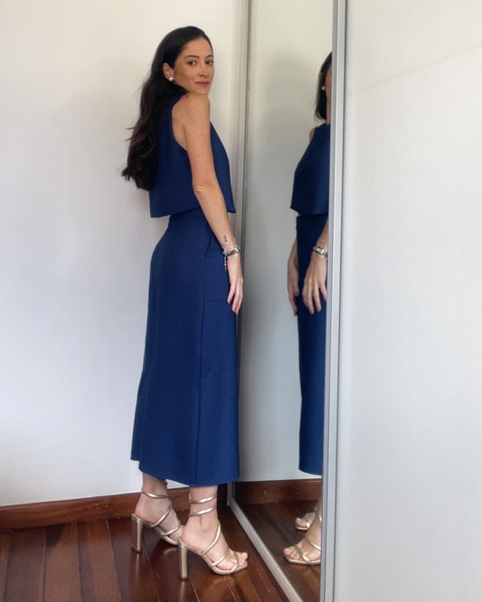 Saia Midi com bolsos Patrícia Azul Safira