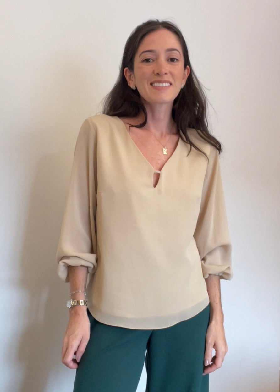 Blusa Mangas Bufantes Decote V Cora Bege