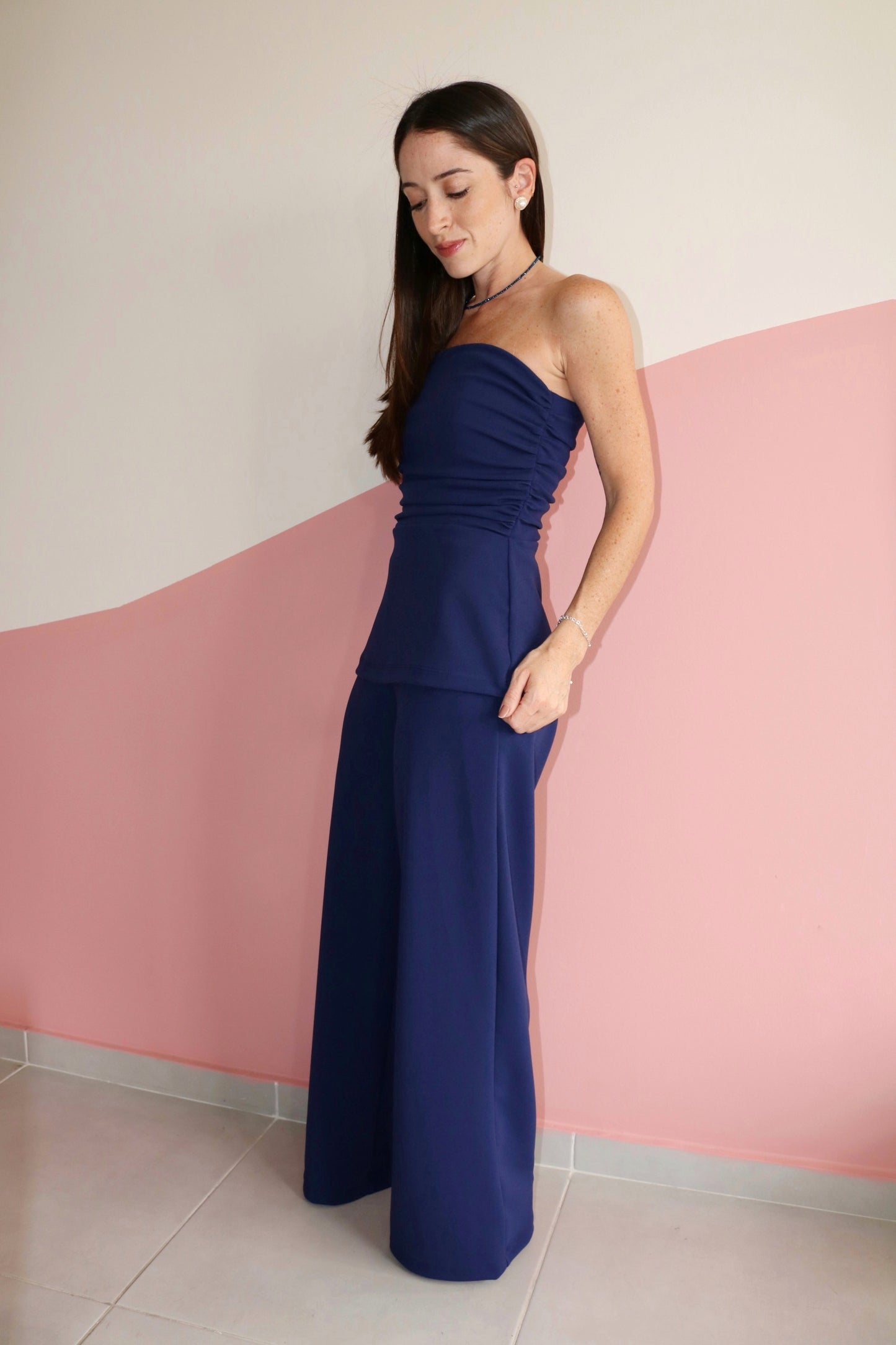 Blusa sem alças drapeada crepe Margot Azul Safira