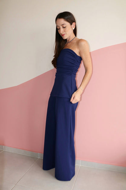 Blusa sem alças drapeada crepe Margot Azul Safira