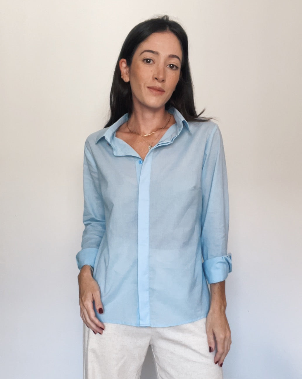 Camisa Manga Longa Tricoline Cris Azul Claro