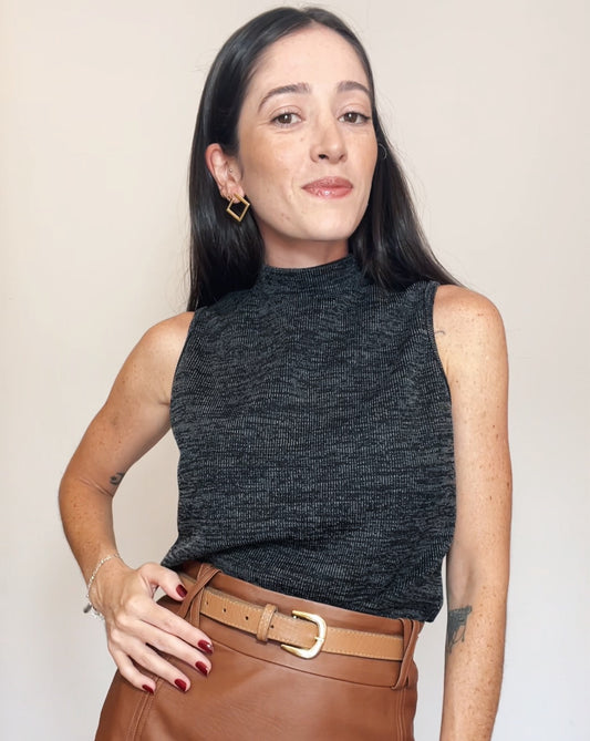 Blusa Regata Malha Mescla Plié Grafite