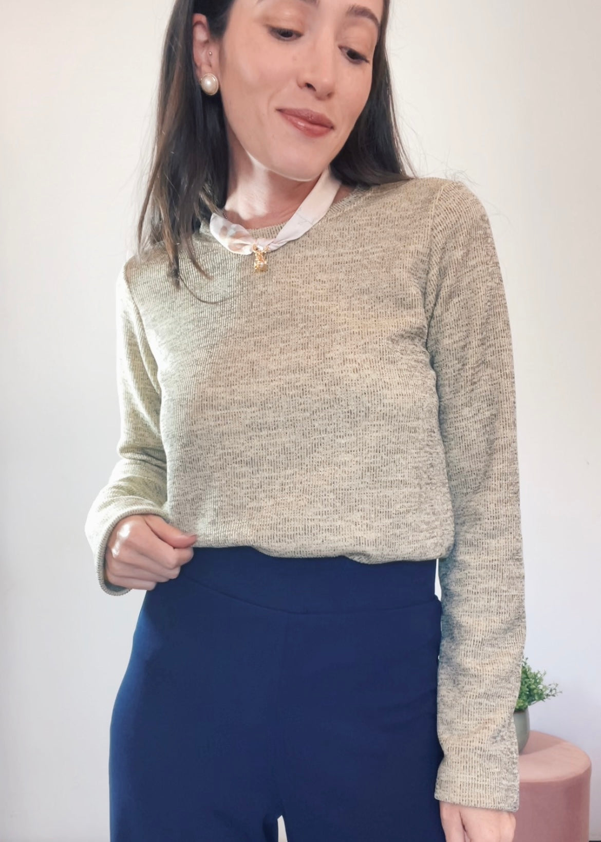 Blusa Mangas Longas Malha Mescla Baunilha