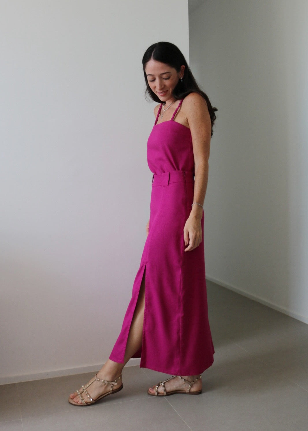 Saia Midi Leona Viscolinho Rosa Orquídea