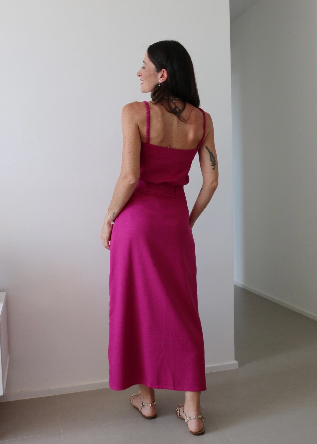 Saia Midi Leona Viscolinho Rosa Orquídea