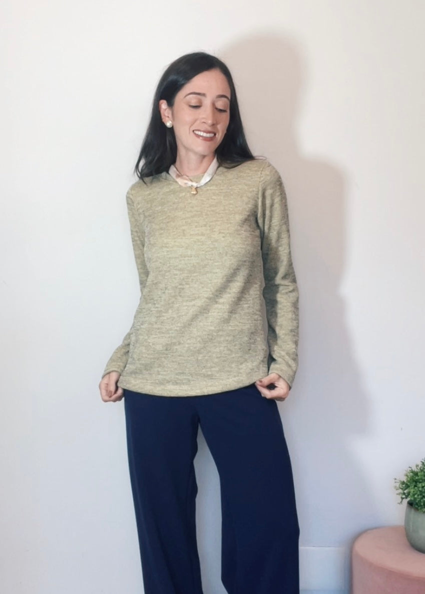 Blusa Mangas Longas Malha Mescla Baunilha