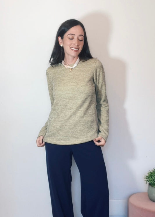 Blusa Mangas Longas Malha Mescla Baunilha