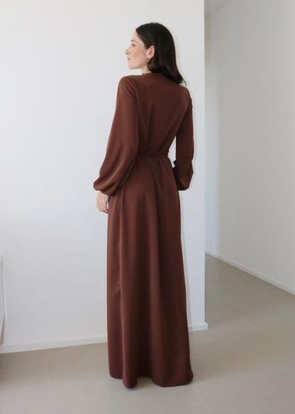 Vestido Transpassado Longo Cláudia Marrom