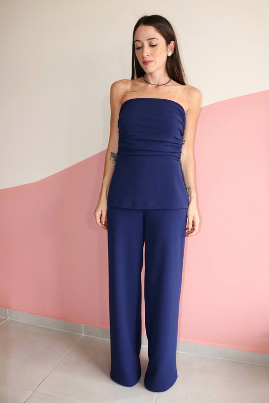 Blusa sem alças drapeada crepe Margot Azul Safira