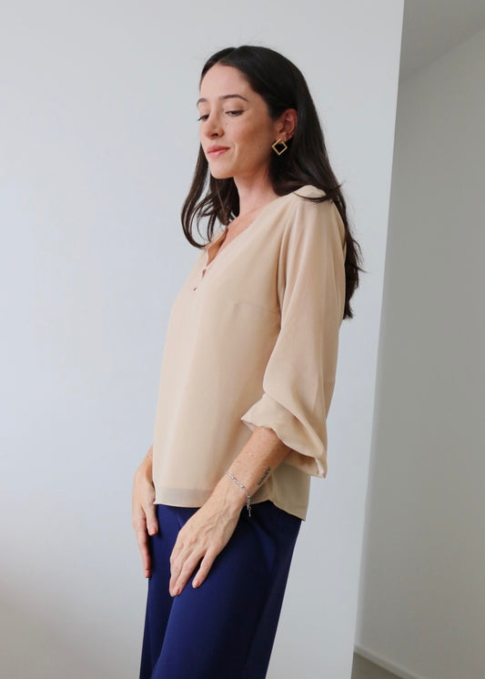 Blusa Mangas Bufantes Decote V Cora Bege