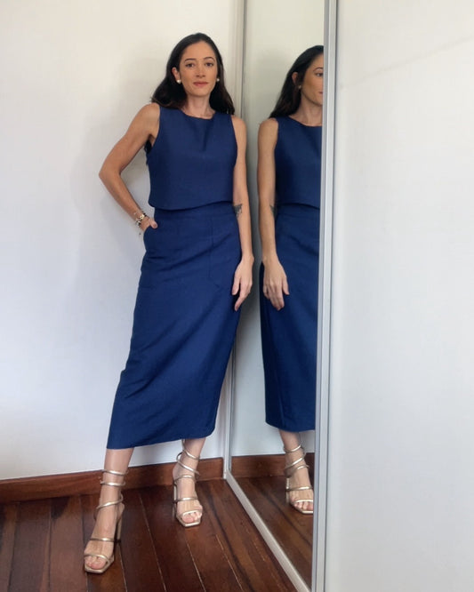 Saia Midi com bolsos Patrícia Azul Safira
