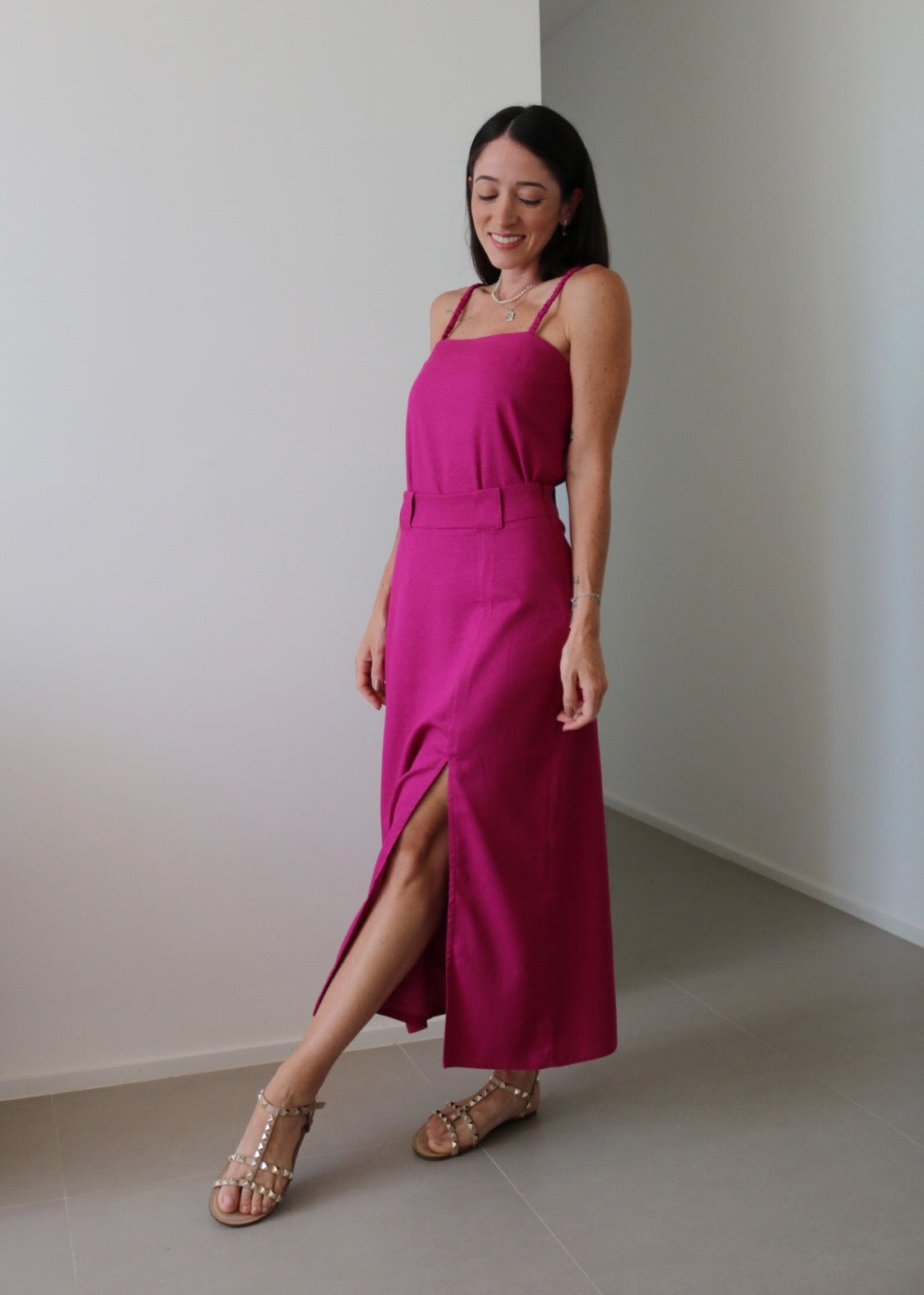 Saia Midi Leona Viscolinho Rosa Orquídea