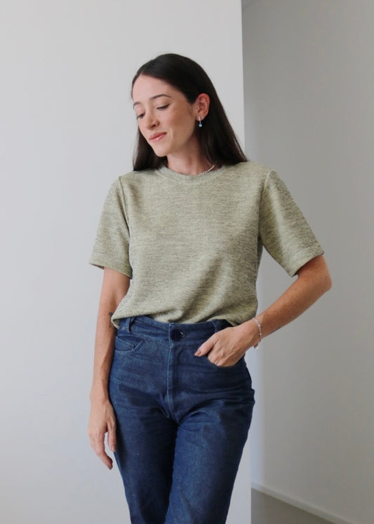 Blusa Manga Curta Malha Mescla Letícia Baunilha