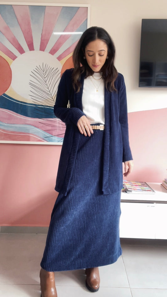 Saia Midi Tricot Malha Alícia Azul Marinho