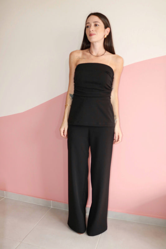 Blusa sem alças drapeada crepe Margot Turmalina Negra