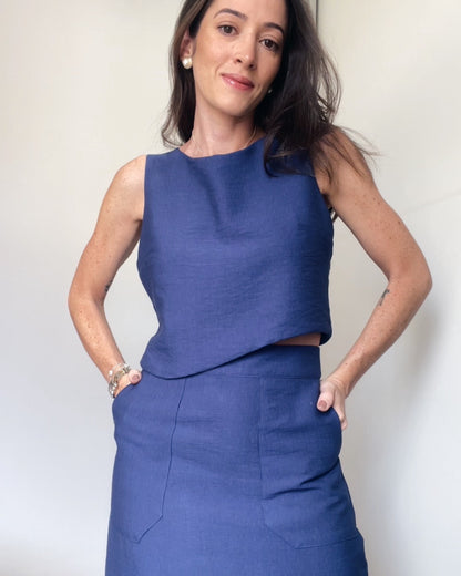 Saia Midi com bolsos Patrícia Azul Safira