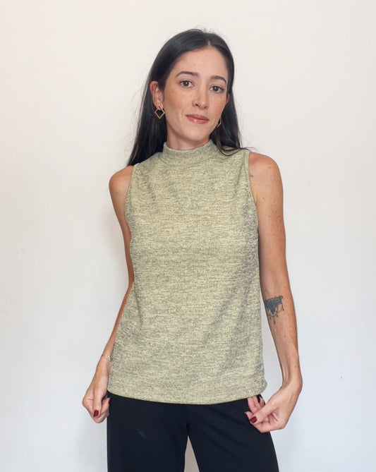 Blusa Regata Malha Mescla Plié Baunilha