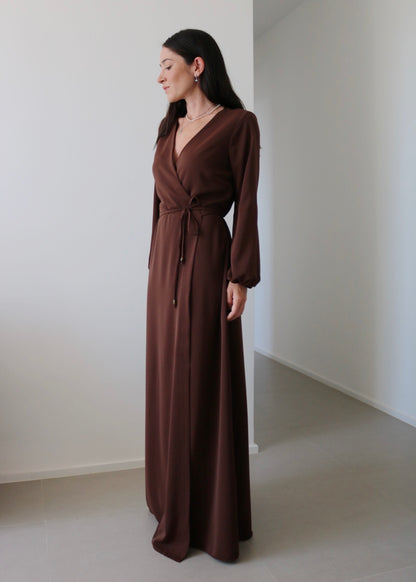 Vestido Transpassado Longo Cláudia Marrom