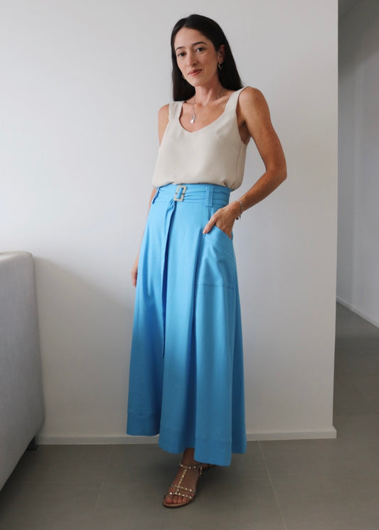 Saia midi Evasê Giovanna Azul Hortênsia