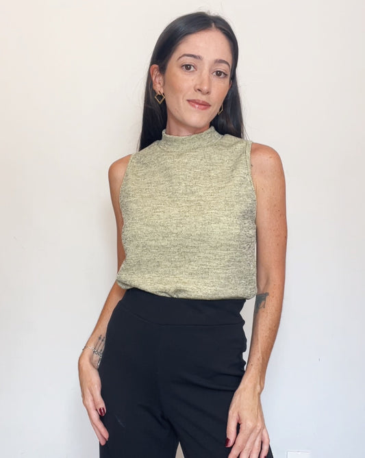 Blusa Regata Malha Mescla Plié Baunilha