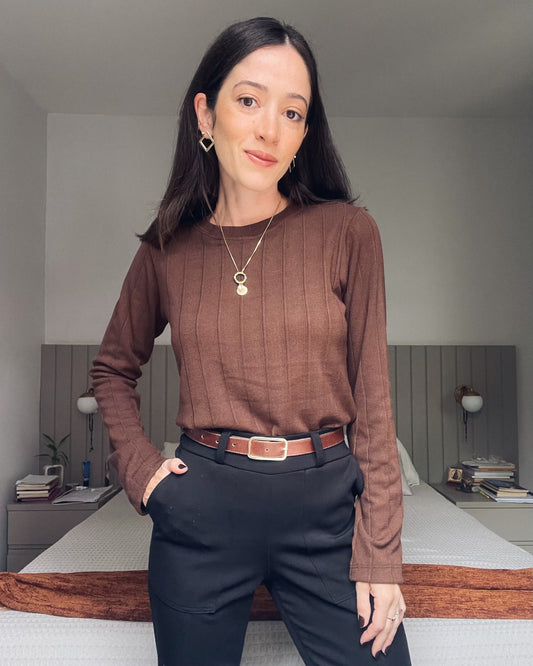 Blusa Mangas Longas Vintage Marrom