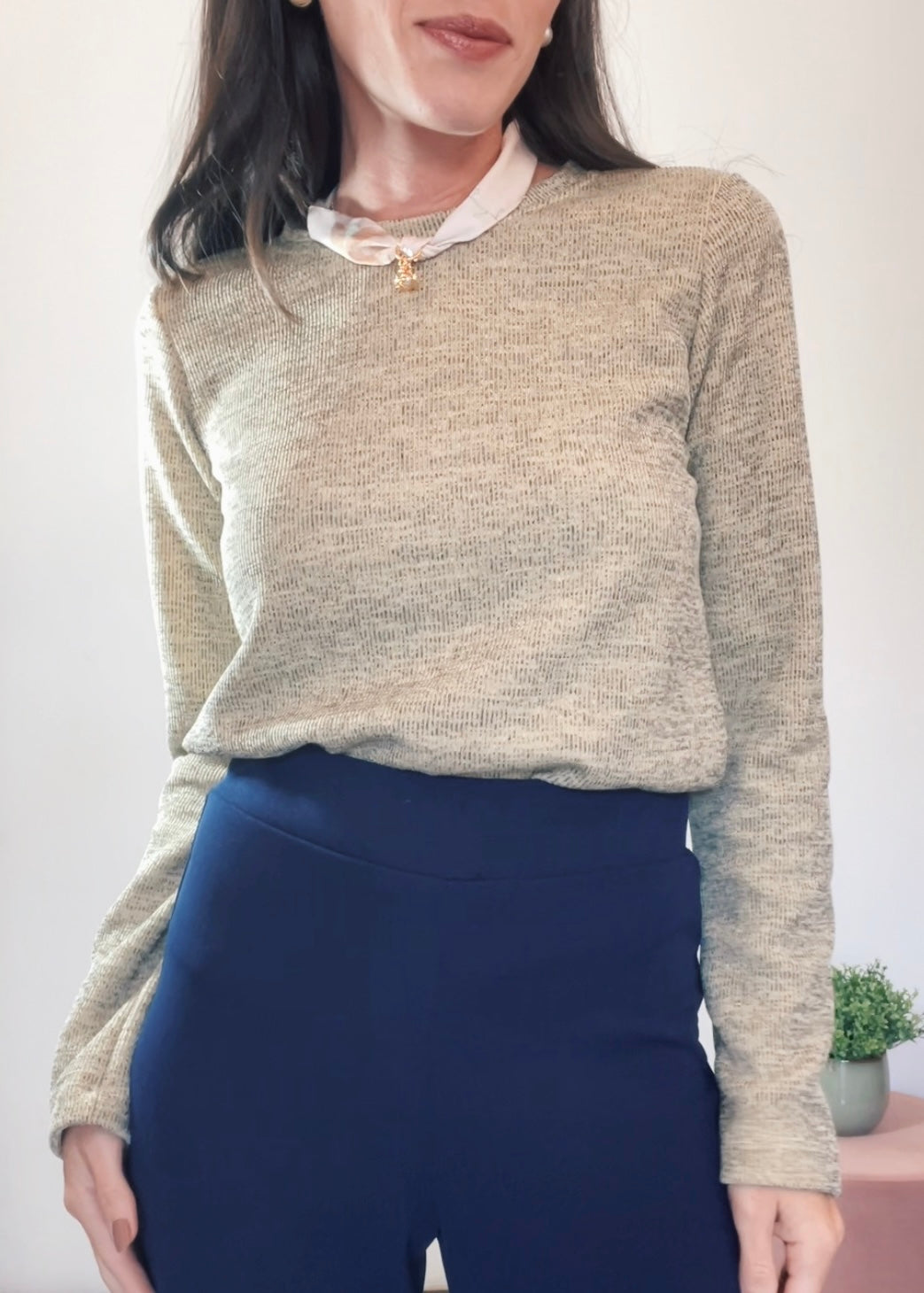 Blusa Mangas Longas Malha Mescla Baunilha