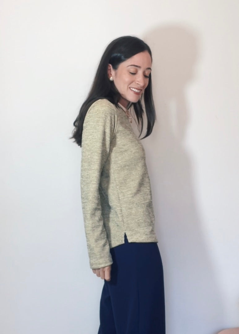 Blusa Mangas Longas Malha Mescla Baunilha