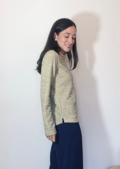 Blusa Mangas Longas Malha Mescla Baunilha