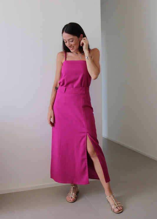 Saia Midi Leona Viscolinho Rosa Orquídea