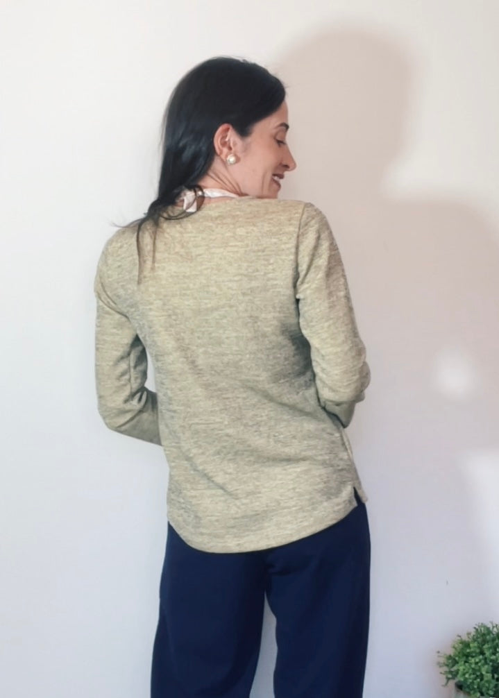 Blusa Mangas Longas Malha Mescla Baunilha