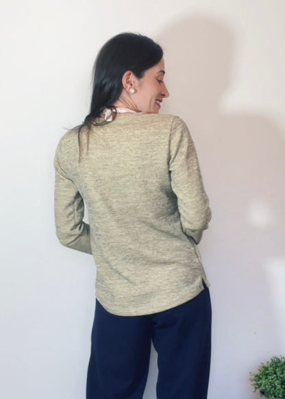 Blusa Mangas Longas Malha Mescla Baunilha