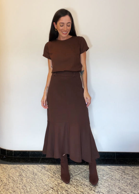 Saia midi Recortes Crepe Duda Marrom