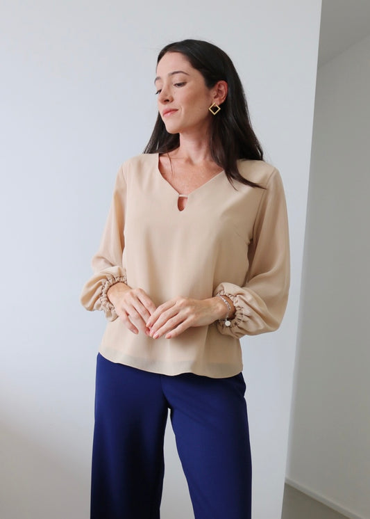 Blusa Mangas Bufantes Decote V Cora Bege