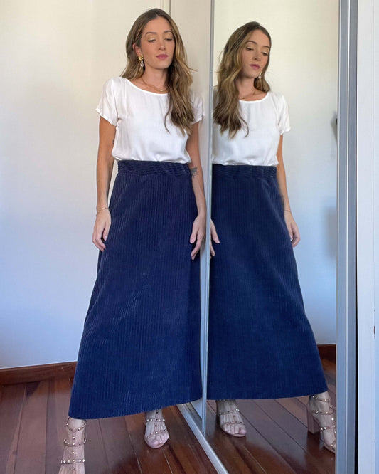 Saia Midi Tricot Malha Alícia Azul Marinho