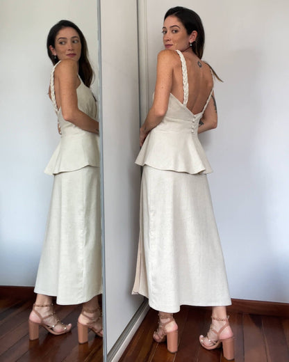 Saia Midi Leona Viscolinho Cru