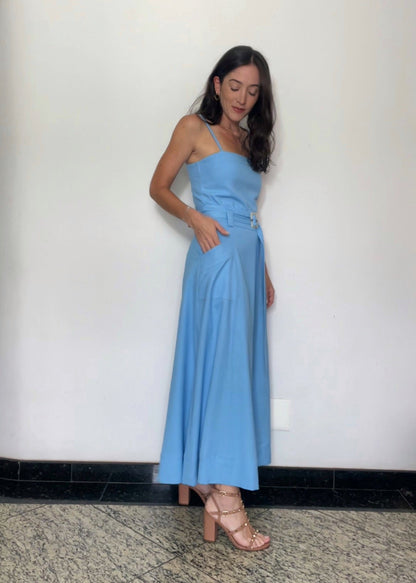 Saia midi Evasê Giovanna Azul Hortênsia