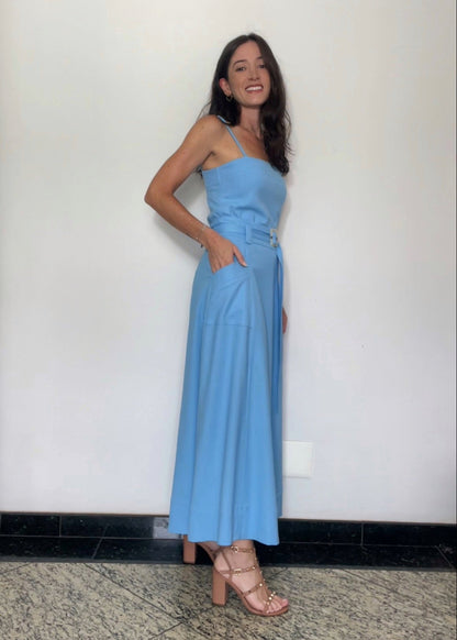 Saia midi Evasê Giovanna Azul Hortênsia